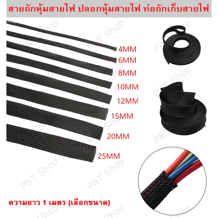[1 เมตร] สายถักหุ้มสายไฟ ปลอกหุ้มสายไฟ ท่อถักเก็บสายไฟ  เส้นผ่าศูนย์กลาง 2/4/6/8/10/12/15/20/25 มิลลิเมตร(เลือกขนาด)