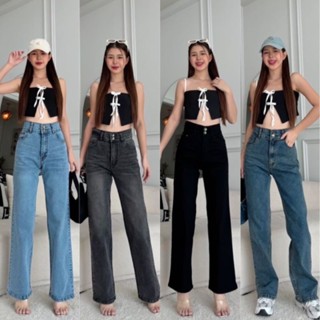 📌Punnyยีนส์ทรงกระบอกยาว2ดุมผ้ายืดมีไซS-40เก็บหน้าท้องได้ดีมา…