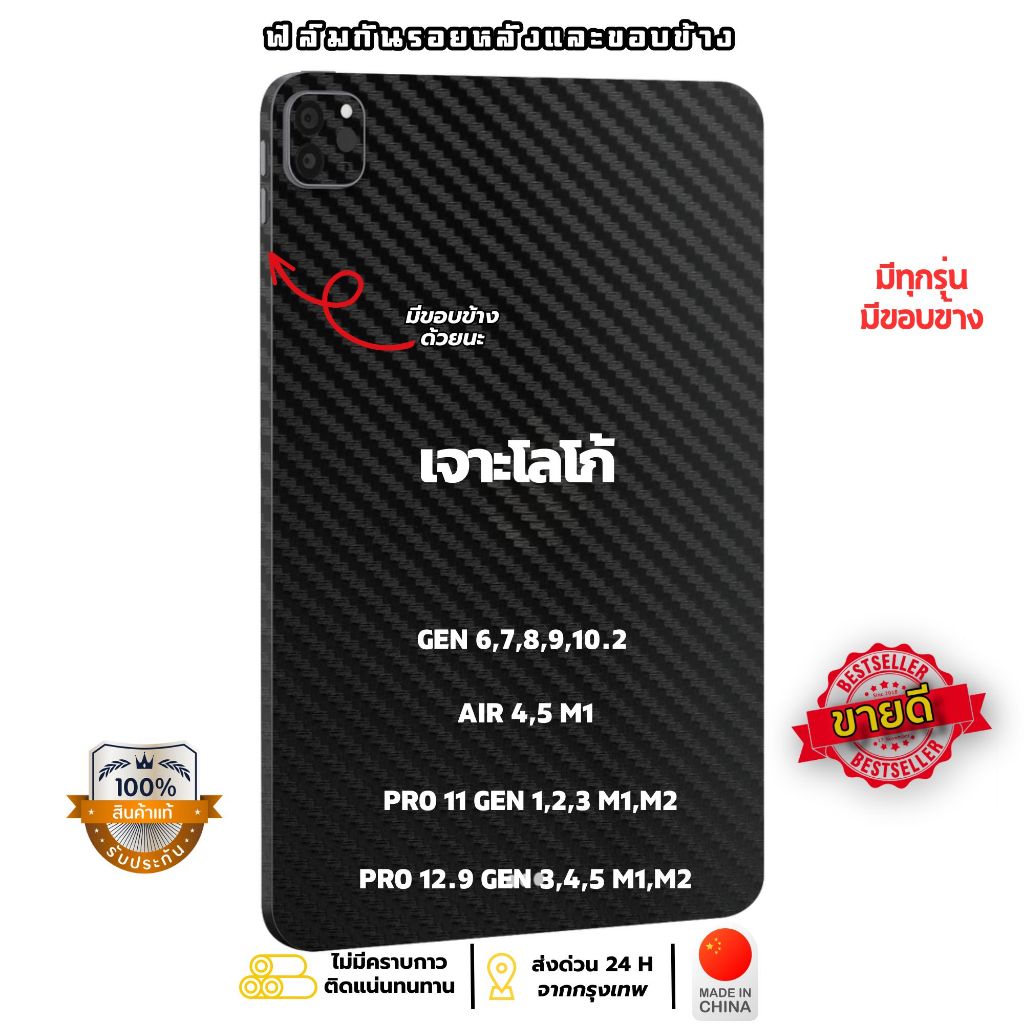 ฟิล์มหลังด้าน และ ขอบข้าง ลายเคฟล่าดำ สำหรับiPad ทุกรุ่น ฟิล์ม กันรอย ฟิล์มหลัง ไอแพด มีขอบรับประกัน