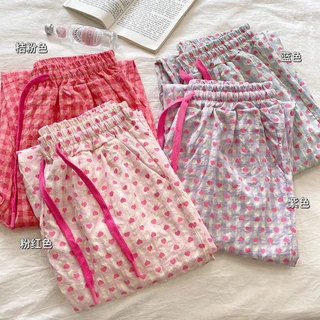พร้อมส่งในไทย** กางเกงขายาวลายหัวใจ สีพาสเทล มีเชือกรูด กระเป๋าข้างไม่มี K49