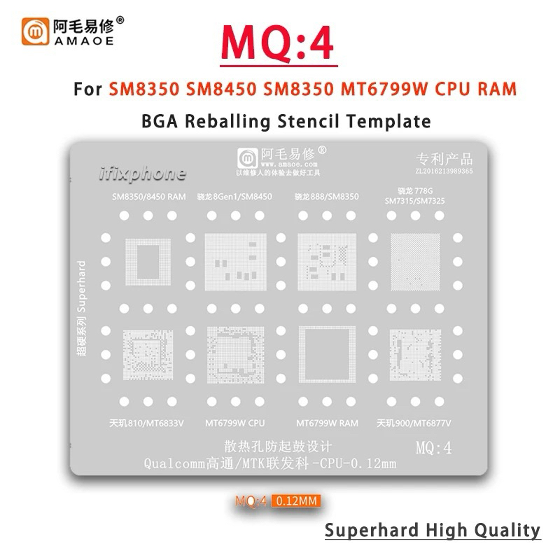 Amaoe MQ4 BGA แม่แบบ reballing ลายฉลุสำหรับ SM8350 SM8450 SM7315 SM7325 MT6833V MT6799W MT6877V RAM 