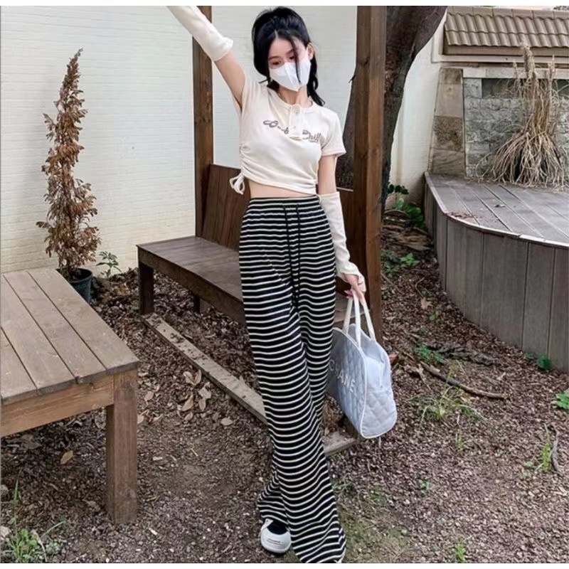 MW107 **พร้อมส่งในไทย**กางเกงขายาวลายขวาง ผ้านิ่ม ไม่ยับง่าย - รูปที่ 2