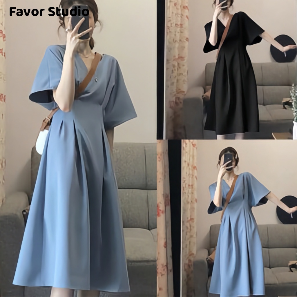 อกถึง 50" M-4XL ชุดเดรสขนาดบวก เดรสทรงหลวมสไตล์ฝรั่งเศส คอวี เอวสูง เหมาะสำหรับสาวอ้วน 45-120KG T0021L