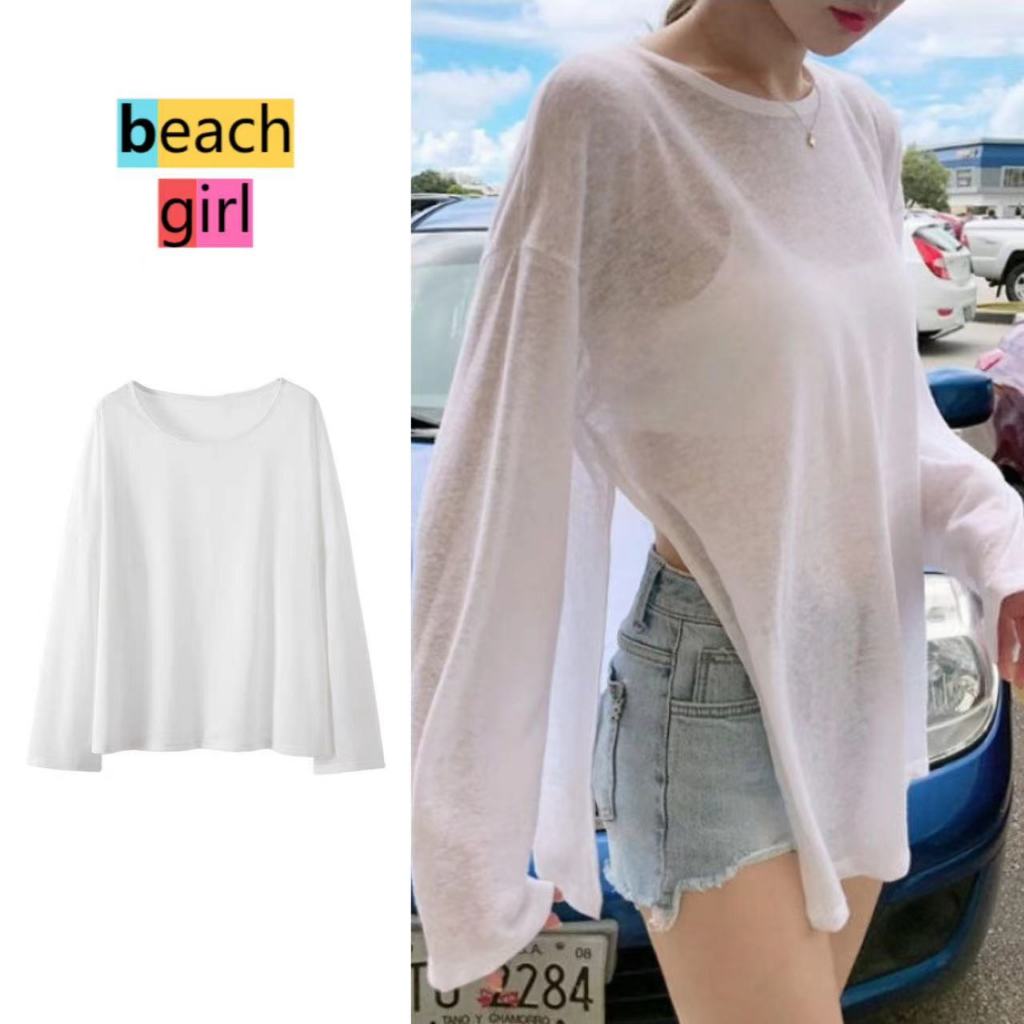 👙beachgirl👙 เสื้อ กันuv แขนยาว สาวอวบ ผ้าเนื้อดี white ชุดไปทะเล #0304
