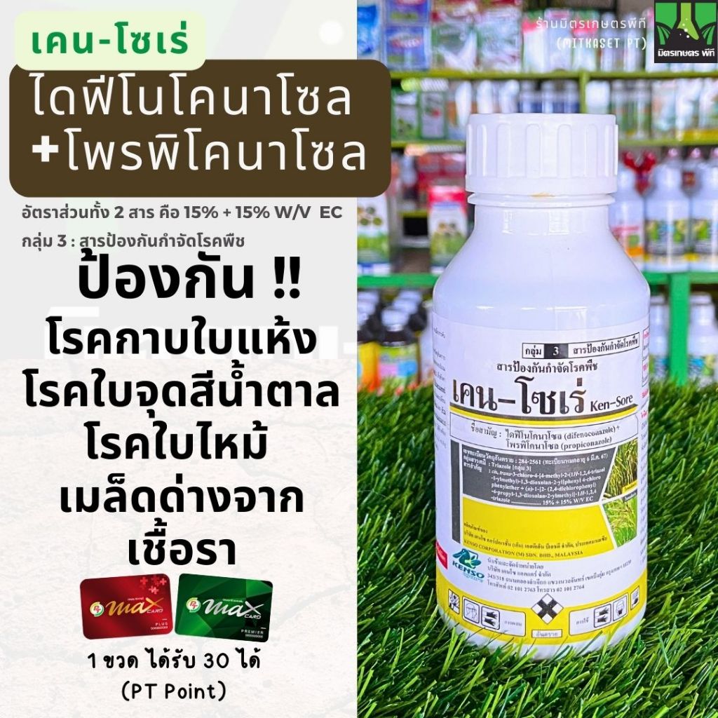 เคน-โซเร่ ไดฟีโนโคนาโซล + โพรพิโคนาโซล ป้องกันกำจัด เชื้อราคุณภาพสูง ชนิดดูดซึม กำจัดโรคใบจุด กาบใบแห้ง เน่าคอรวง คอรวง