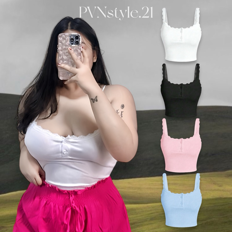 เสื้อครอปสายเดี่ยวผ้าร่องสาวอวบ อก36-46