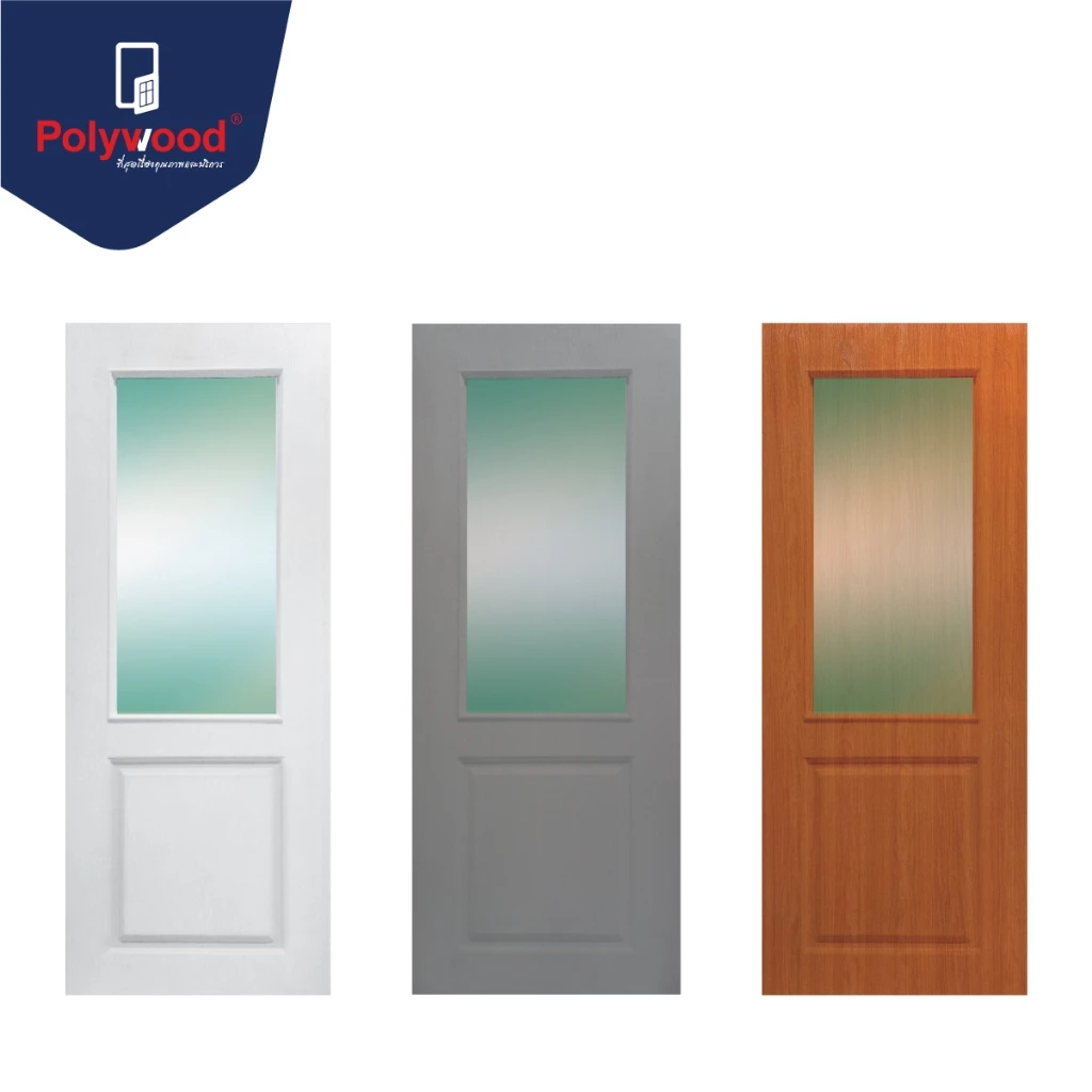 ส่งฟรี! Polywood ประตู uPVC บานลูกฟัก ผิวเสี้ยนไม้ PGR-004 ประตูบานกระจก ประตูกระจก โพลีวูด ประตูครัว