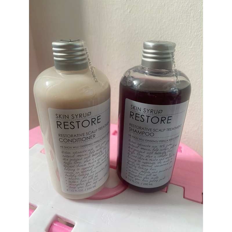 ส่งต่อ Restore shampoo + Conditioner 250ml  ผลิตภัณฑ์ช่วยฟื้นฟูผมร่วง หนังศีรษะมัน ผมหงอก จาก SKIN SYRUP