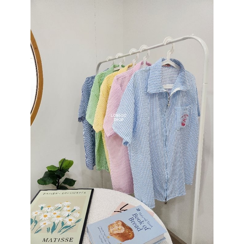 พร้อมส่ง Cherry Please shirt เสื้อเชิ้ตลายปักเชอรี่ ลายริ้ว แต่งซิปดาว/หัวใจ