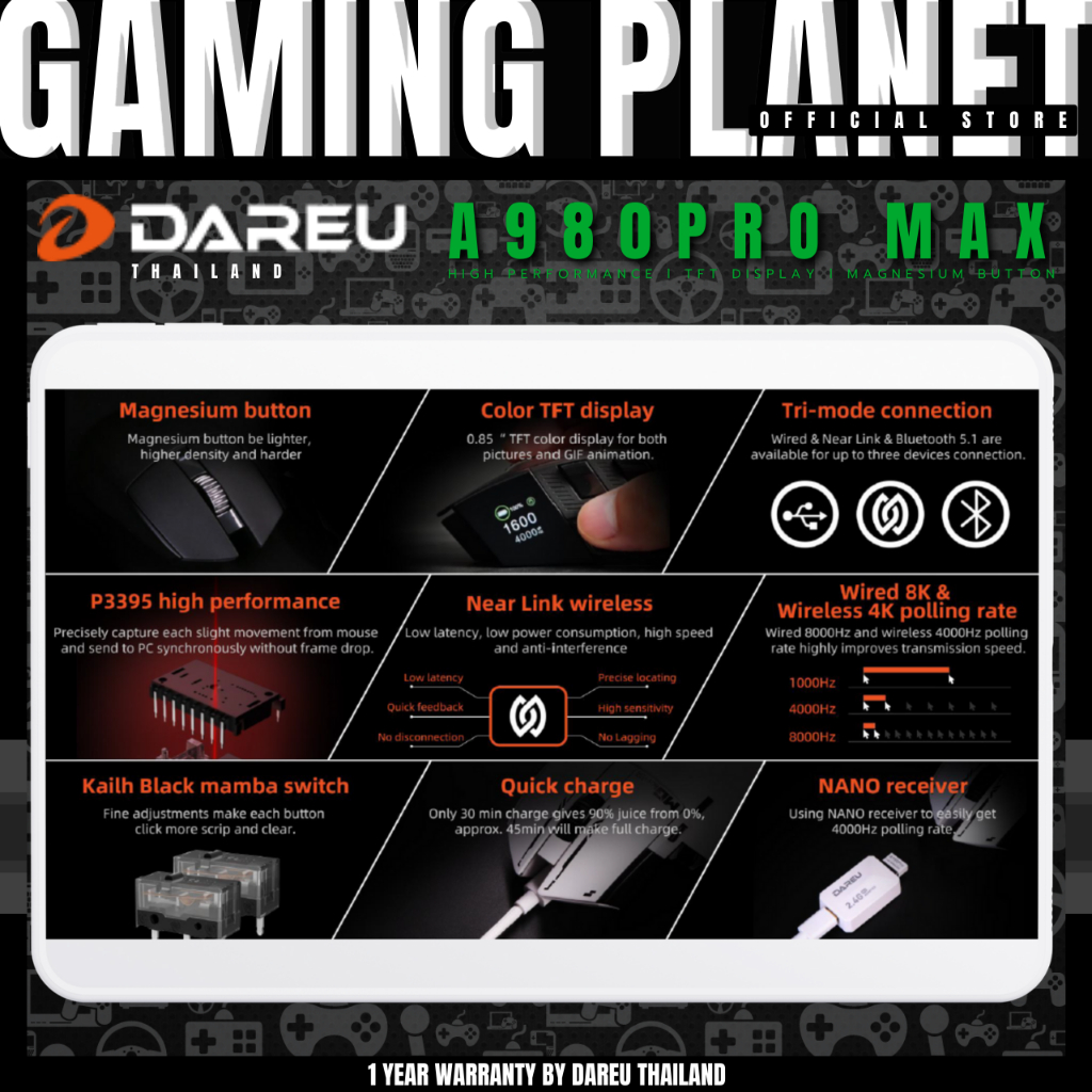 DAREU A980 PRO MAX 8Khz Three Mode Mouse เม้าส์เกมมิ่งไร้สาย 8Khz มีจอ TFT
