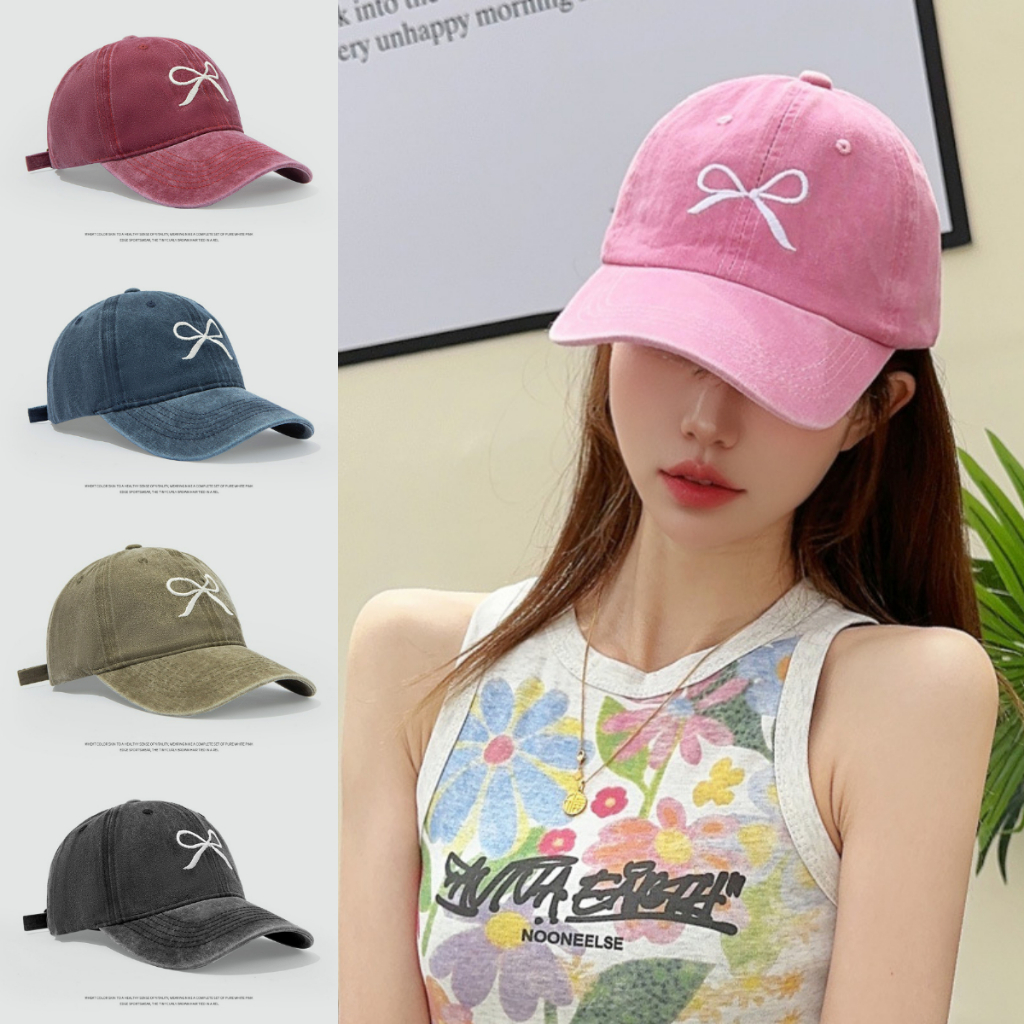 หมวกเบสบอล แบบนิ่ม ปักโบว์ มี 5สี  คุณภาพสู สไตล์เกาหลี