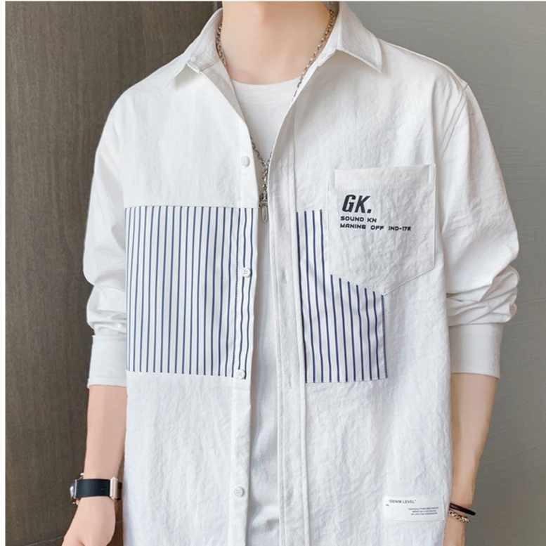 เสื้อเชิ้ตแขนยาว แต่งลายเท่ๆคลูๆ สไตส์เกาหลี เนื้อผ้าดี ไม่หนาไม่บาง เหมาะกับหนุ่มๆ พร้อมส่ง