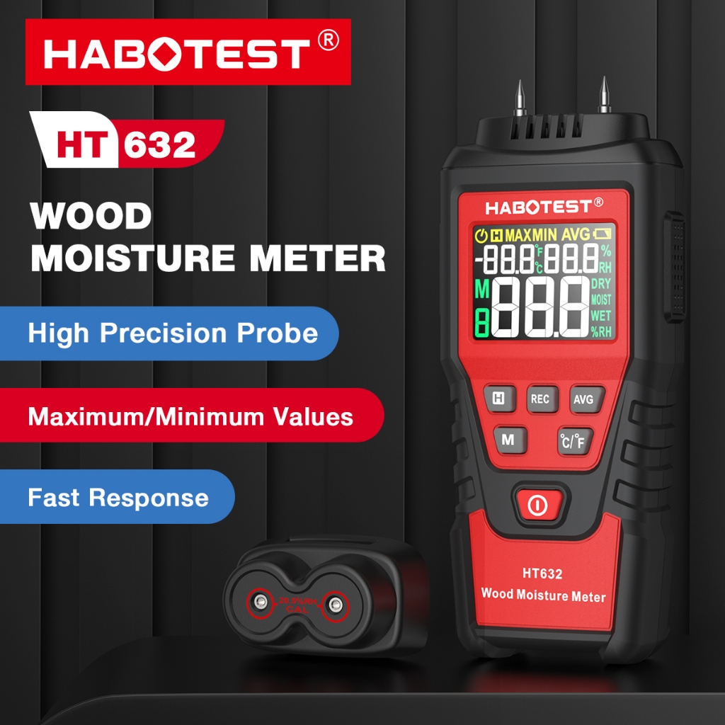 HABOTEST HT632 ใหม่ เครื่องวัดความชื้นดิจิทัล จอแอลซีดี แบบมือถือ ขนาดเล็ก พร้อมโพรบ 2Pin ระยะสําหรับไม้ ผนังไม้ คอนกรีต