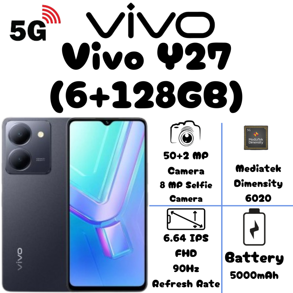 VIVO Y27 5G (6/128GB) มือถือ Vivo หน้าจอ 6.64 นิ้ว แบตอึด กล้อง 50MP เครื่องแท้ รับประกัน 5 ปี