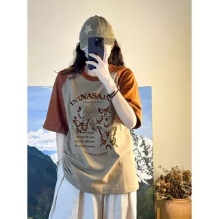 เสื้อยืดลายเท่ๆผู้หญิง สตรีทสีทูโทนม้าก oversize เสื้อผ้าสาวอวบวัยรุ่นแฟชั่น ทรงหลวม สไตล์เกาหลี เสื้อโอเวอร์ไซส์ววินเทจ