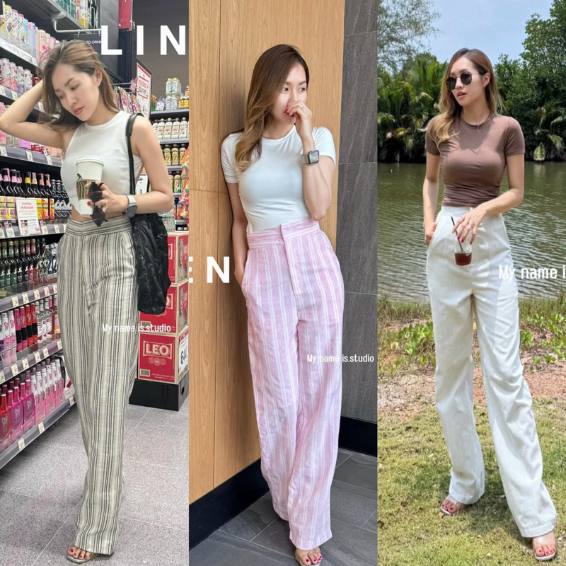 MNS Basic Linen pants ลายริ้ว กางเกงทรงตรง เอวสูง ลินิน