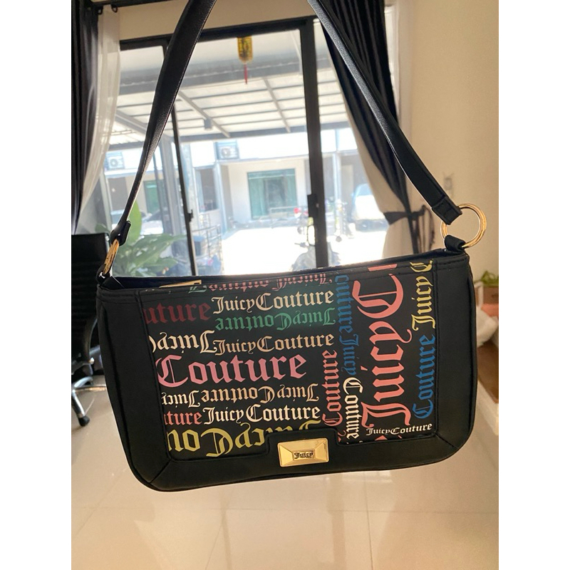 Juicy Couture Black Multicolor Logo Shoulder Bag With Detachable Crossbody Strap แท้💯มือสอง