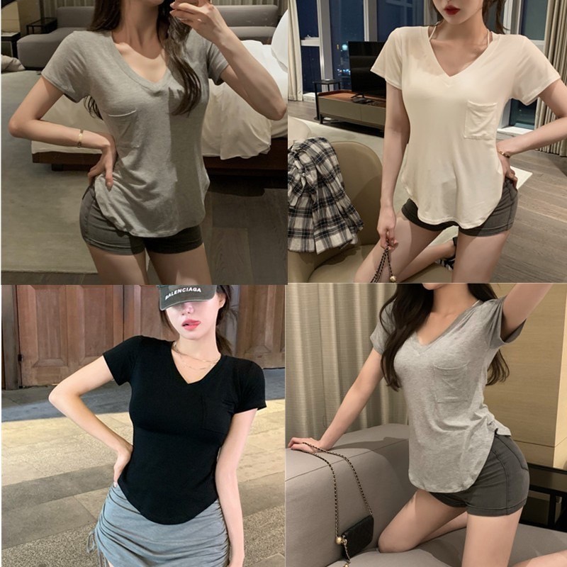 เสื้อยืดแฟชั่น คอวี เพิ่มความเท่ห์ด้วยกระเป๋าหน้า ดีไซน์เรียบง่าย พร้อมส่ง TS1233