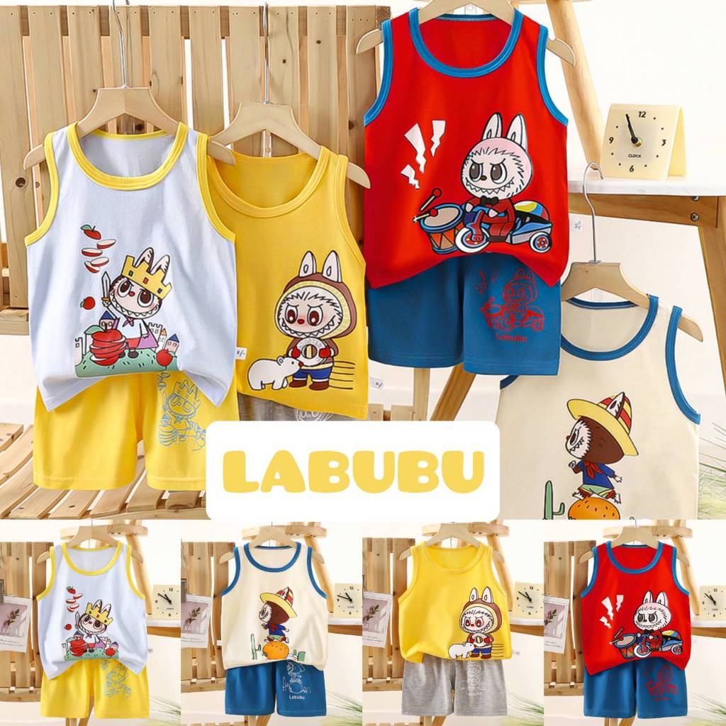 ✨✨ชุดเด็ก 2ชิ้น  เสื้อกล้าม+กางเกงขาสั้น พิมพ์ลายการ์ตูน LABUBU น่ารักๆ งานผ้านุ่ม ใส่สบาย🎏🎏