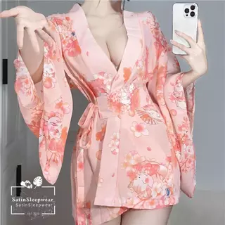 SatinSleepwear🌸🌸ชุดนอนและเสื้อคลุมสไตล์ญี่ปุ่น ชุดกิโมโนญี่ปุ่น💮💮 ลายซากุระ หลวมๆ ใส่สบาย ส่งจากไทย H9311