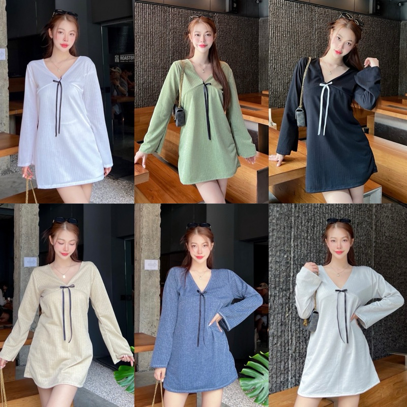 Teera❤️พร้อมส่ง✨LYLA bow minidress🎀เดรสติดโบว์ทรงโอเวอร์ไซต์ โบว์แกะถอดได้ sheeny