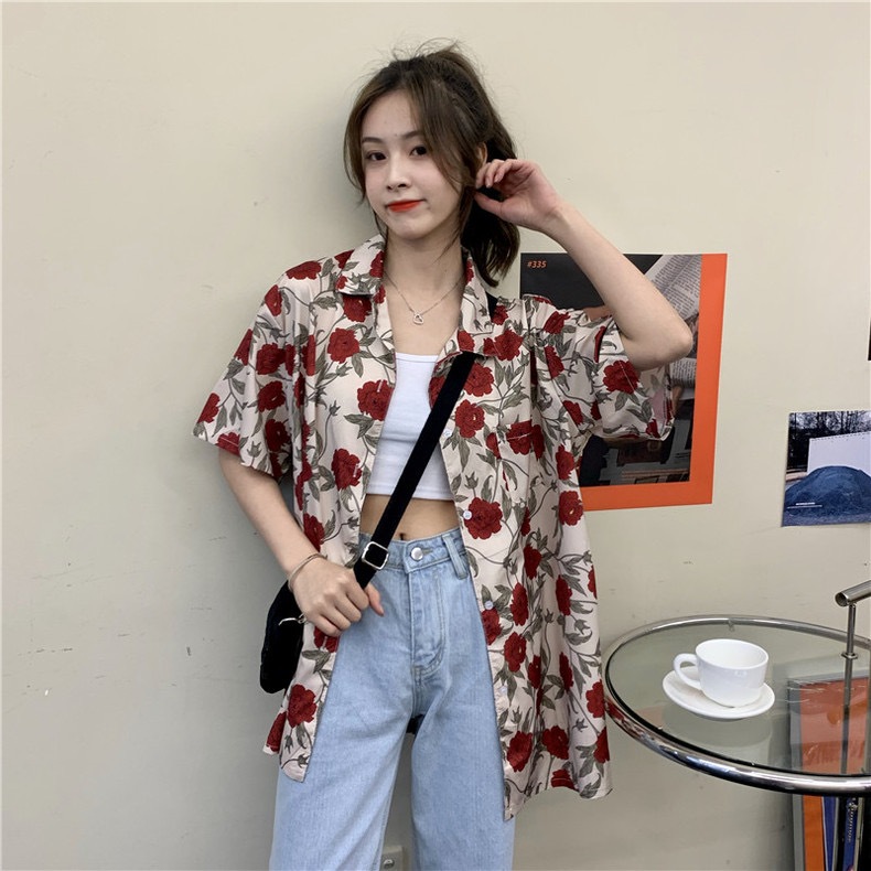 Know you เสื้อเชิ้ตแขนสั้นลายดอกกุหลาบน่ารัก ดีไซน์โดดเด่น สวยสะดุดตา พร้อมส่ง