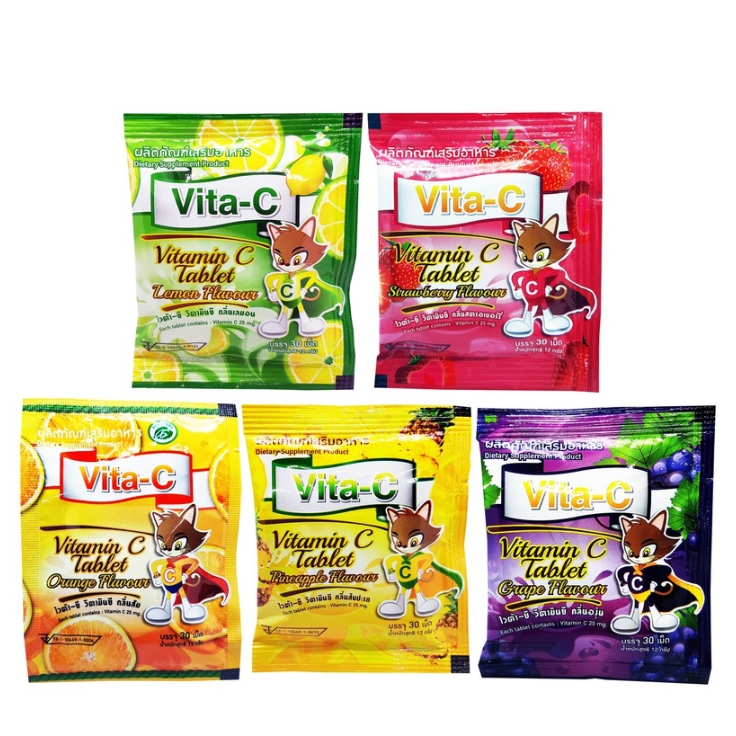 Vita-C Vitamin C ไวต้า ซี วิตามินซี 12 mg แต่งกลิ่น สำหรับอม เคี้ยว จำนวน 1 ซอง บรรจุ 30 เม็ด