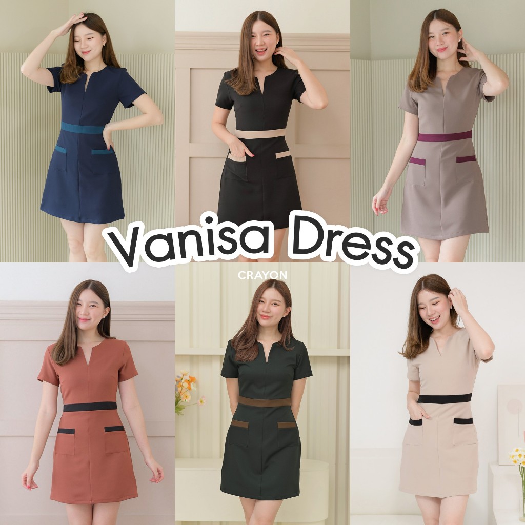 Vanisa dress - ชุดเดรสทำงาน ชุดทำงานผู้หญิง เดรสมีกระเป๋า คอผ่า ทรงเอเข้าเอว - CRAYONBRAND