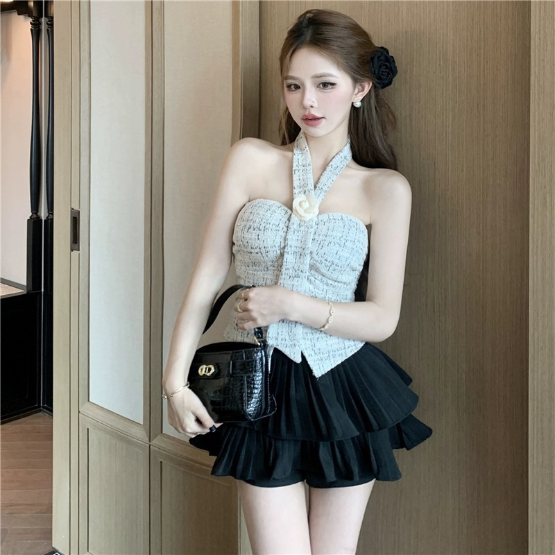 Sakura.official 303-1/T#เสื้อเเฟชั่นเกาะอกเสริมฟองน้ำ#เสื้อไหมพรมแต่งสายคล้องคอสม็อกหลัง