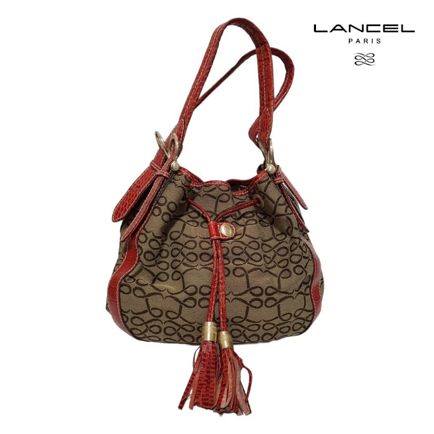 กระเป๋า Lancel Paris double strap monogram logo bucket bag shoulder strap สินค้ามือสอง
