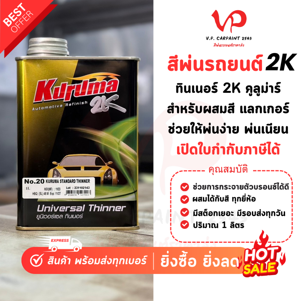 TOA คูลูม่าร์ ทินเนอร์2K #20 ทินเนอร์ผสมสีรถยนต์ ทินเนอร์แห้งช้า ทินเนอร์ผสมสี ทินเนอร์อคิลิค2k เกรดดี พ่นง่าย
