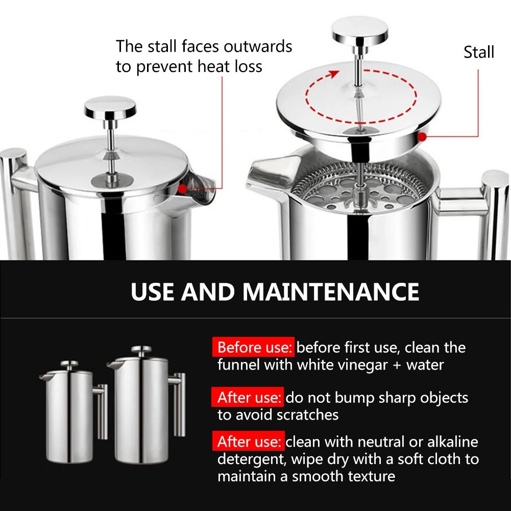 【French Press】800ml 1000ml เครื่องชงกาแฟสด เครื่องชงกาแฟ Double Wall 304 Stainless Steel Coffee Maker Tea Pot thumbnail 5