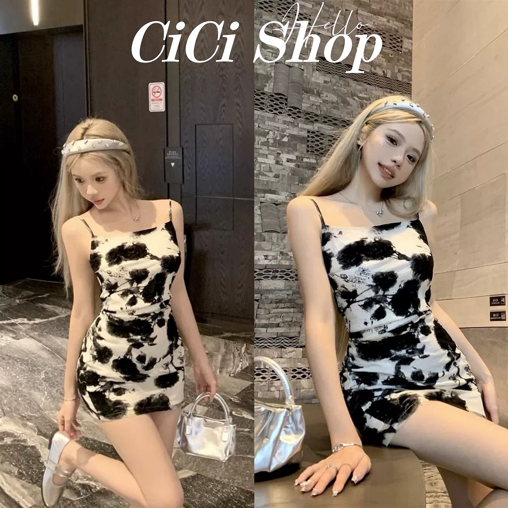 Cicishop(S3100)ชุดมินิเดรสตัวสายสามารถปรับได้ดีเทลพิมพ์ลายดอกกุหลาบสไตล์สาวฝรั่งเศส