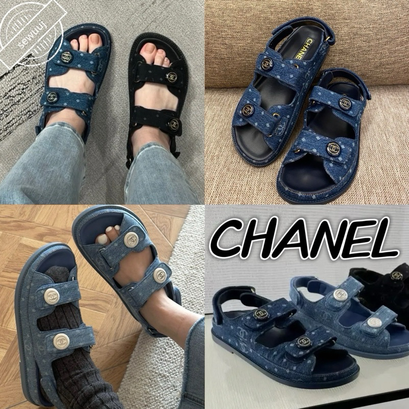 รองเท้าแตะชายหาด Velcro เดนิมพิมพ์ลายผ้า CHANEL ของแท้สำหรับผู้หญิง