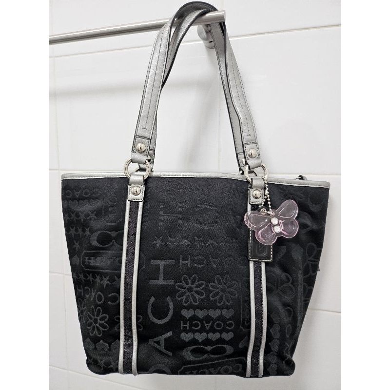 Coach Shoulder Bag Bandana Glitter Black and Silver Full Zip