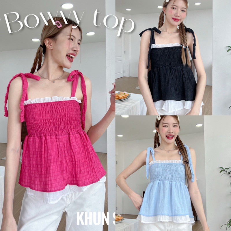 เสื้อสายเดี่ยวผูกโบว์ระบาย2ชั้น รุ่นนี้น่ารักมาก / P1-1//KHUN-พื้นผูก
