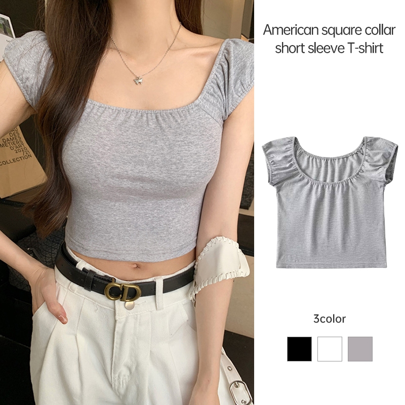 Retro Square คอสั้นเสื้อยืดผู้หญิงฤดูร้อนเซ็กซี่ Chic เสื้อยืด Slim FITTING สั้น BB