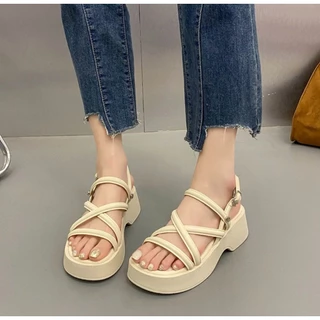 TX556 รองเท้าแตะแพลตฟอร์ม พื้นหนา7cm เพิ่ม ความสูง ดีไซน์นางฟ้า รองเท้าโรมันสีเงิน คุณภาพดี สไตล์มินิมอล