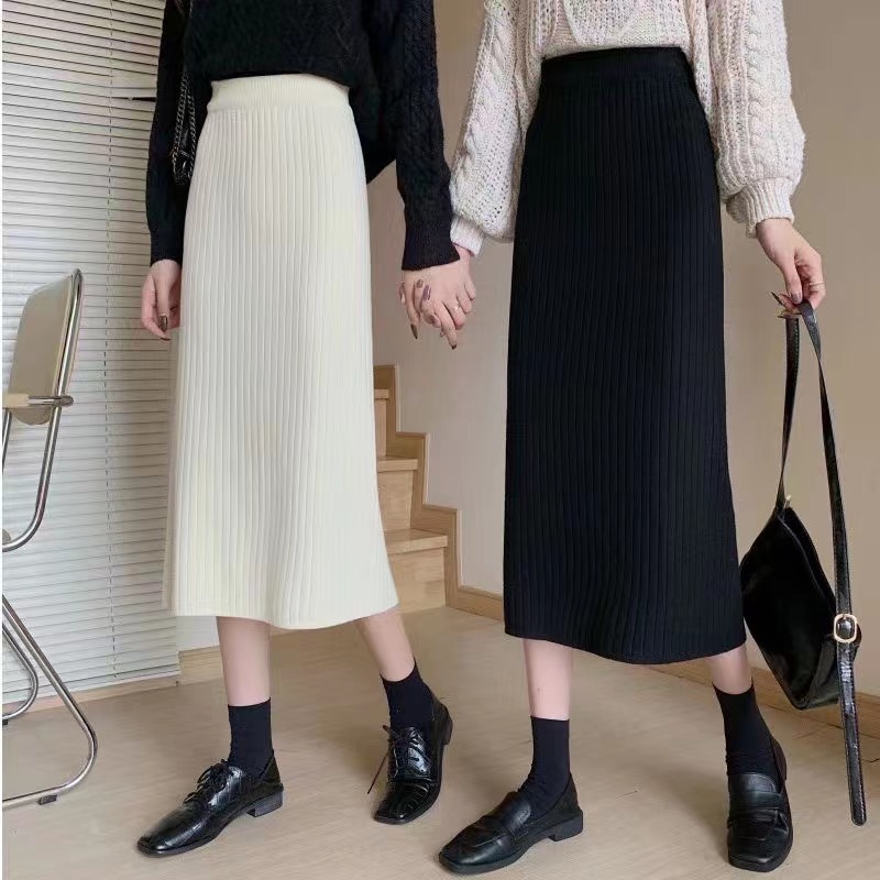 กป375 (พร้อมส่ง)กระโปรงไหมพรม เอวสูง ผ่าข้าง skirt กระโปรงยาวคลุมเข่า ทรงดินสอ ผ้าไม่บาง