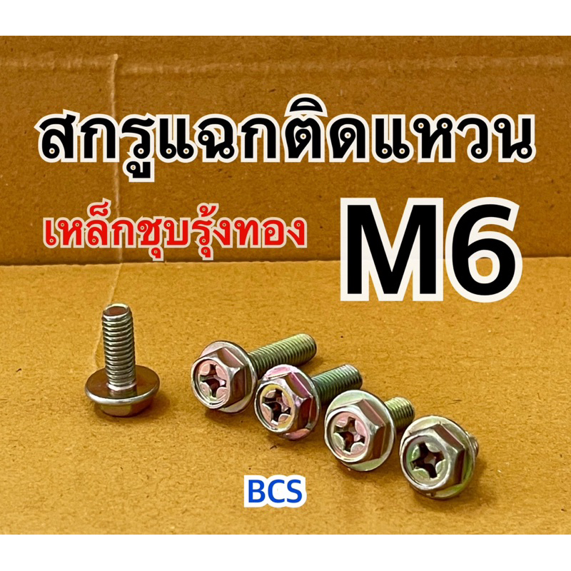 M6 (เบอร์10) สกรูหัวเหลี่ยมแฉกติดแหวน เหล็กชุบรุ้งทอง