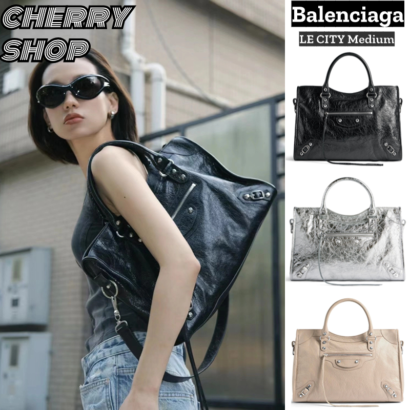 🍒บาเลนเซียก้า Balenciaga LE CITY Medium Bag🍒หนังแกะเนื้อละเอียดสีดำ กระเป๋าถือ