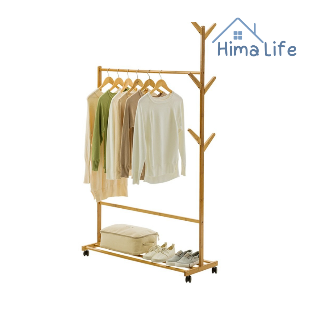 ที่แขวนเสื้อผ้า ราวตากผ้า ราวแขวนหมวก ที่แขวนกระเป๋า coat rack ที่แขวนกระเป๋า เคลื่อนย้ายสะดวกมีล้อ Hima Life