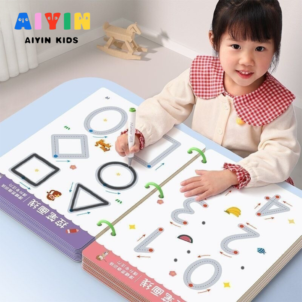 AIYIN 64PCS ฝึกเขียน สมุดฝึกลากเส้นต่อจุด ลบได้ สมุดฝึกลากเส้นต่อจุด ระบายสี วาดรูป การฝึกความคิดเชิงตรรกะ
