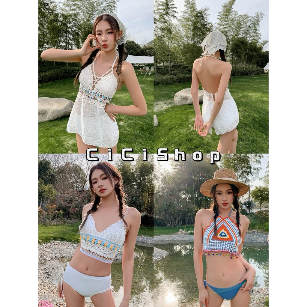 Cicishop(Q47/Q48/Q45)เสื้อสายเดี่ยวถักลูกไม้ โบฮีเมี่ยน มีฟองน้ำในตัว ใส่ไปทะเลสุดปัง