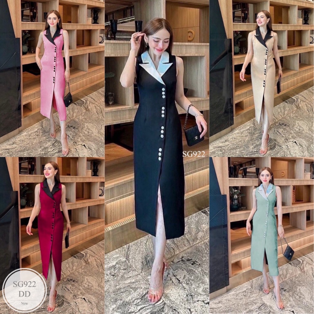 ML922 เดรสยาว ทรงคอปก แหวกหน้า มีกระดุมเรียงหน้าจริงถอดได้ เรียงยาว ทรงสวย