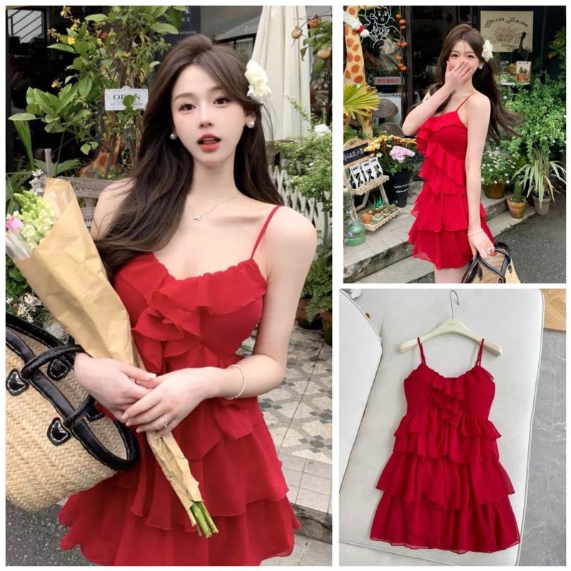 [[พร้อมส่ง]] เดรสสีแดงที่ถูกต้อง ผ้าชีฟองระบายชั้นๆสวยงาม สีแดงสุดจี๊ด ผ้าชีฟองเนื้อดี สายปรับได้นะคะ Dress Lady