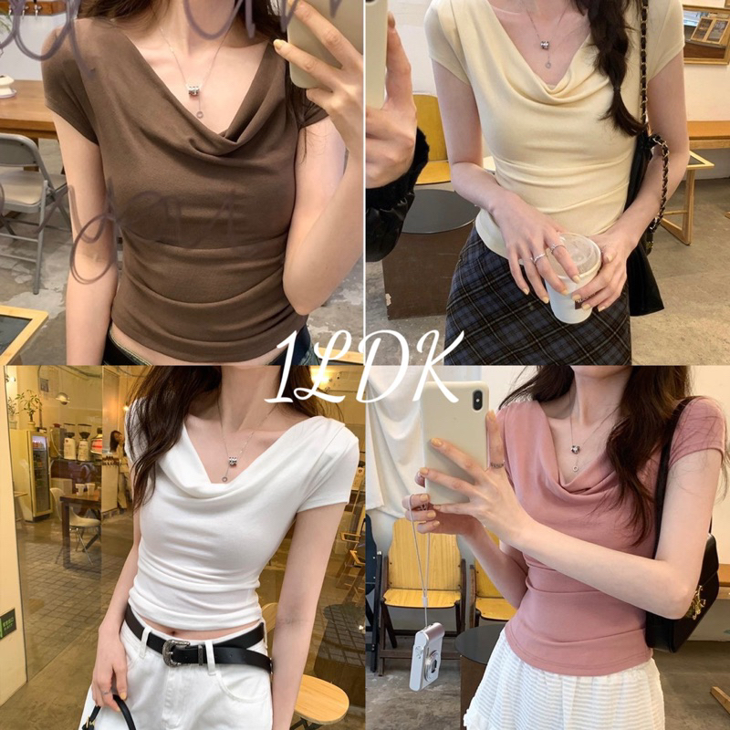 1LDK พร้อมส่ง เสื้อครอบปาดไหล่ ใส่ได้2แบบผ้านิ่มมากจับจีบข้างเอว(X222)