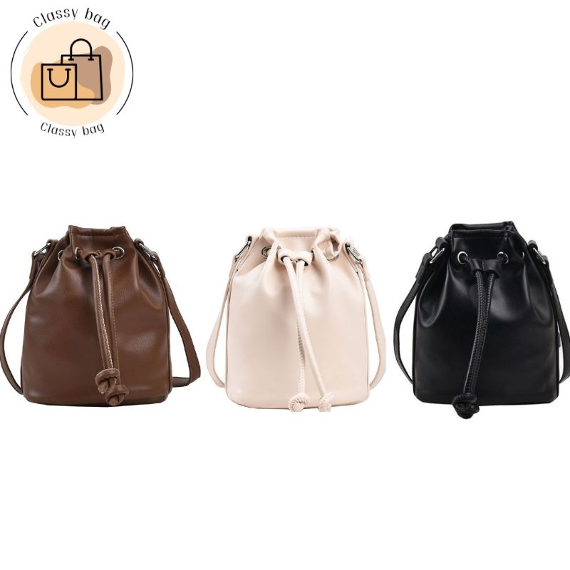 กระเป๋าหนัง สะพายข้างผู้หญิง ทรงถังจีบ ใส่มือถือได้ - Classy bag - ThaiPick