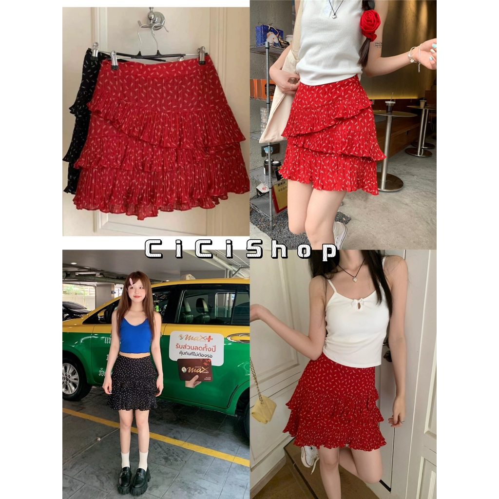 Cicishop(4016)กระโปรงสั้นแต่งระบาย ซิปข้าง มีซับใน ทรงเค้ก ลายดอก สไตล์เกาหลี