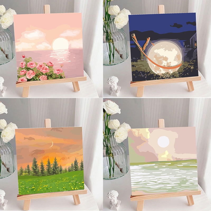 [มีเฟรม] ภาพระบายสีตามตัวเลข 20X20ซม ขึงเฟรมไม้พร้อมอุปกรณ์ ขนาด ฝึกสมาธิ ของขวัญ DIY สำหรับตกแต่งบ้าน